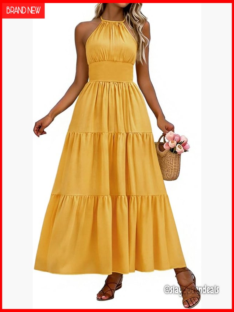Maxi Sundress Halter Neck Smocked Backless Tiered Flowy Summer Dress